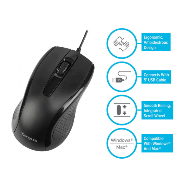 Targus Mouse Alambrico Diseño Ergonomico y Ambidiestro 1000 DPI de 3 Botones - Image 9
